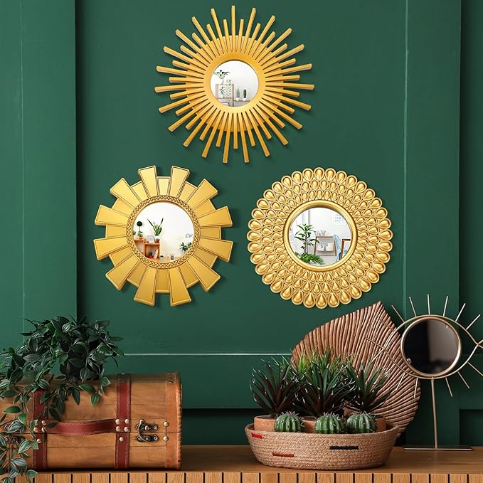 3 Pack Gold Sunburst Mirrors for Wall Decor Circle Flowers Mirrors Decorative Gold Hanging Wall Art Flowers Mirror for Home Living Dinning Room Bedroom Bathroom Boho Decoration Art(Sunburst)