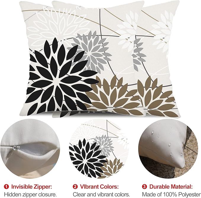 DFXSZ Black Brown Outdoor Pillow Covers 16x16 Inch Set of 2 White Gray Flower Throw Pillows Farmhouse Outdoor Modern Floral Polyester Square Cushion Case Decor for Sofa Patio Funiture Garden 01A16