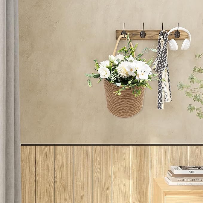Defined Deco 2 Pack Jute Hanging Basket, Hanging Rope Basket with 4 hooks, Flower Plants Wall Basket Decor Set, Rustic Woven Basket Organizer, Boho Wall Decor for Living Room, Bedroom, Bathroom