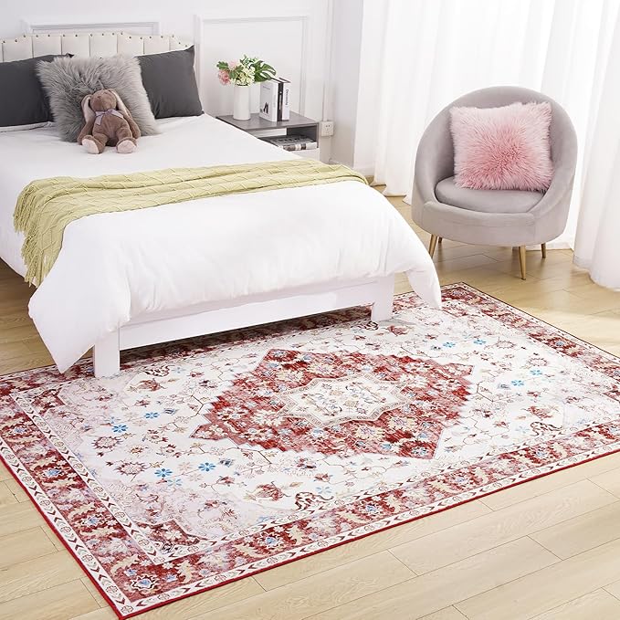 Amearea Vintage Design Area Rugs for Living Room, 4x6 Machine Washable Floral Collection Traditional Bedroom Rug, Low Pile Cute Kids Room Print Carpet, No Slip Office Kitchen Home Decor, Red