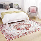 Amearea Vintage Design Area Rugs for Living Room, 4x6 Machine Washable Floral Collection Traditional Bedroom Rug, Low Pile Cute Kids Room Print Carpet, No Slip Office Kitchen Home Decor, Red