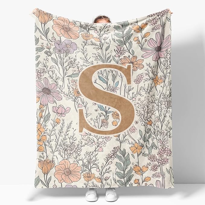JXREQ Throw Blanket Initial Letter S Personalized Monogrammed Gifts for Women Teen Girls Frends, Boho Floral Throw Blankets for Bed Sofa Living Room Office, 50x60 Inch