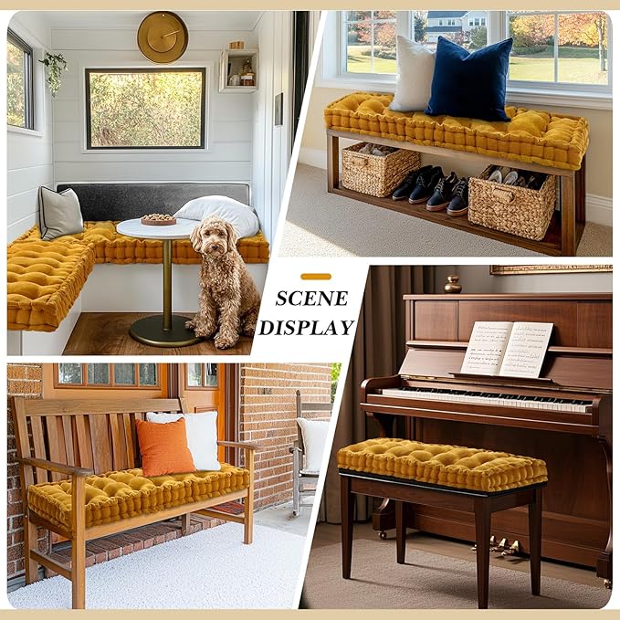 Geelin 48x18 Inch Bench Cushions for Indoor Furniture Chenille Velvet Mustard Yellow Button Tufted Thick Seat Pad Mat with Memory Foam, Window Floor Sofa Chair Cushion for Living Room Porch Swing