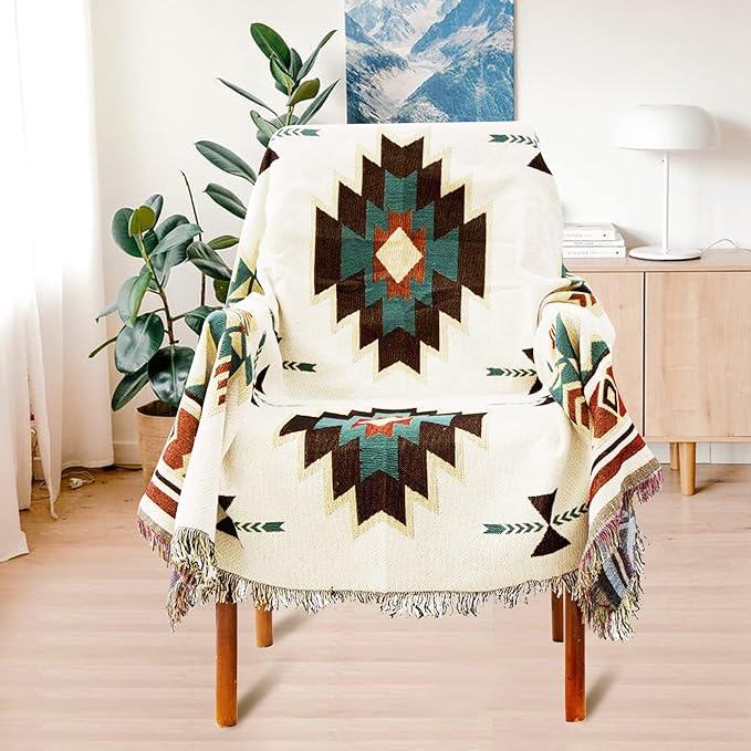 Boho Throw Blankets Southwest Native American Inspired Reversible Woven Blankets Cover Hippie for Couch Bed Recliner Sofa Bohemian Tapestry Colorful Furniture Cover for Home Décor,Double Side, 50"x70"