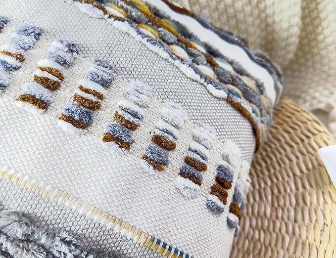 Boho Throw Pillow Covers 18x18 Aesthetic Neutral Boucle Couch Pillow Cover Rainbow Striped Decorative Accent Pillow Case for Couch Bed Sofa Farmhouse,Modern Funky,Set of 2 Brown-Grey
