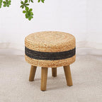 Cpintltr Round Ottoman Natural Seagrass Footstool Hand Weave Water Hyacinth Poufs Eco Friendly Sofa Foot Stool Soft Step Stool Padded Foot Rest with Pine Legs for Living Room (Black)