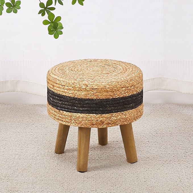 Cpintltr Round Ottoman Natural Seagrass Footstool Hand Weave Water Hyacinth Poufs Eco Friendly Sofa Foot Stool Soft Step Stool Padded Foot Rest with Pine Legs for Living Room (Black)