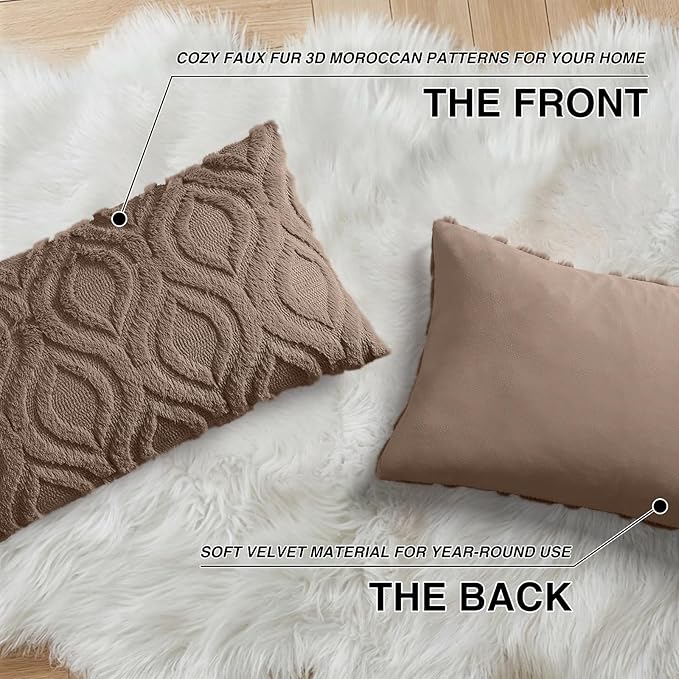 decorUhome Cozy Textured Throw Pillow Covers 12x20 Inch Set of 2, Soft Plush Faux Wool Brown Accent Couch Pillow Covers for Modern Farmhouse Sofa Bed Living Room