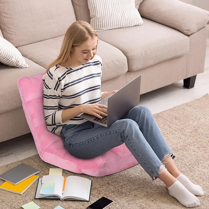 SUPER DEAL 14-Position Folding Floor Chair Gaming Sofa Cushioned Padded Reclining Bed Lounge Couch Seating for Comfy Reading, Reading, Gaming, Relaxing, Watching TV, Pink
