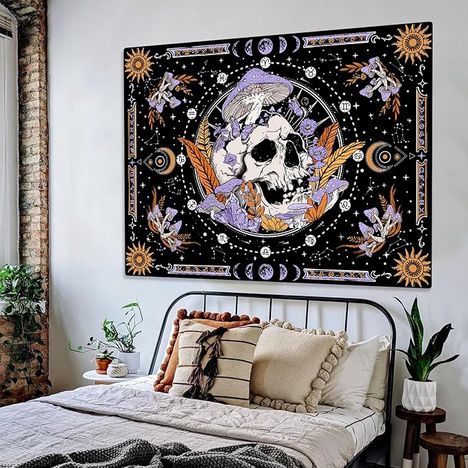 Aipon Purple Skeleton Tapestry Bedroom Skull Mushroom Tapestries Hippie Nature Plants Floral Flower Aesthetic Tapestry Wall Hanging for Living Room Dorm (Purple, 60'' × 44'')