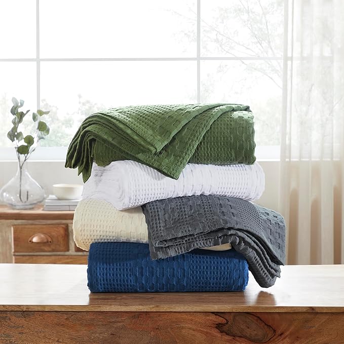 VHC Brands 100% Cotton Waffle Weave Twin Blanket 66"x90", Decorative Lightweight Spring and Summer Throw Blanket, Bedroom Decor for Bed, Couch, or Sofa, Navy
