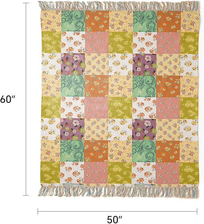 100% Cotton Boho Throw Blanket for Home Decor – Classic Farmhouse Quilt Bedding, Muslin Blankets for Adults, Vintage Woven Decorative Blanket for Couch, Bed Layering Use, Patchwork, 50"x60"