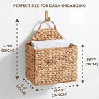 Boho Water Hyacinth Hanging Wall Basket, Flat Back Woven Storage Organizer for Mail, Books and Magazines, Decorative Wall Basket for Entryway and Farmhouse Home