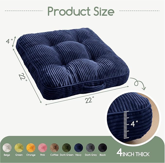 HIGOGOGO Floor Pillow Cushion for Adults, Meditation Cushion Pillow, Large Square Floor Sitting, Tufted Corduroy Cover, for Tatami Living Room or Yoga, 22x22 Inch, 2Pack, Navy