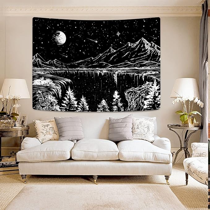 Zussun Black and White Tapestry Starry Night Mountain Tapestries for Bedroom Aesthetic Moon and Stars Tapastry's Wall Hanging Dark Nature Forest Wall Tapestry for Living Room Dorm (80'' × 60'')