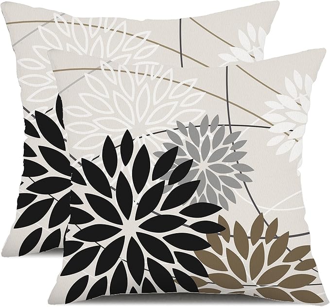 DFXSZ Black Brown Outdoor Pillow Covers 18x18 Inch Set of 2 White Gray Flower Throw Pillows Farmhouse Outdoor Modern Floral Polyester Square Cushion Case Decor for Sofa Patio Funiture Garden 01A18
