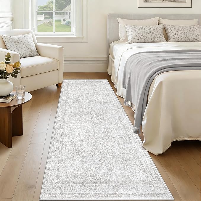 2x8 Hallway Runner Rug: Washable Vintage Floral Entryway Rugs Low Pile Non-Slip Boho Carpet for Kitchen, Bedroom, Bathroom, Dining Room (FloralGrey, 2'x8')
