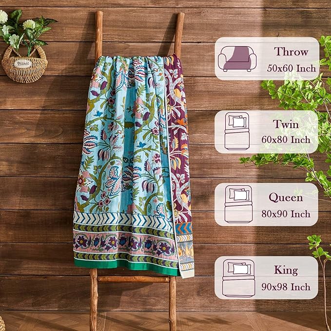 Boho Throw Blanket 100% Cotton Muslin Woven Blanket Bohemian Bed Throws Vintage Rustic Farmhouse Decor Reversible Bed Blanket Quilt for All Seasons（Blue 60"x80"）