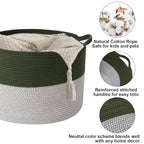 90L Large Blanket Basket,21.7"L x 21.7"W x 13.8"H Rope Woven Baskets with Handles, Toys Storage Bins,Laundry Basket Perfect for Living Room, Nursery,Bedroom,Home Organization,Green&White