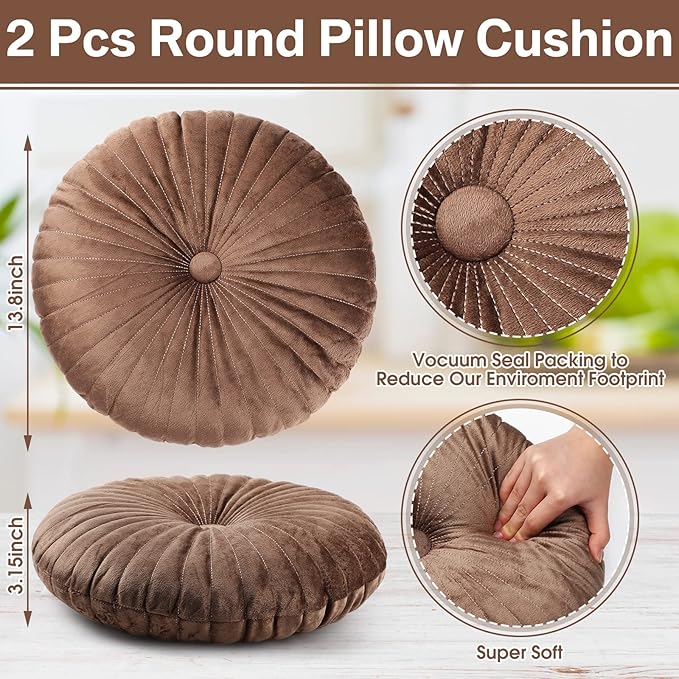 Namalu 2 Pcs Round Throw Pillow 13.8 Inch Decorative Round Velvet Floor Pillows Pumpkin Throw Pillows with Center Button for Thanksgiving Home Decor Living Room Sofa Couch Bed Chair (Coffee)