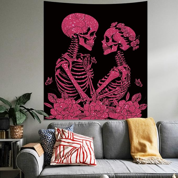 KJHL The Lovers Skull Tapestry Wall Hanging 59ʺ x 51ʺ Pink Halloween Gothic Vertical Skeleton Tapestries Aesthetic for Bedroom Living Room Decor