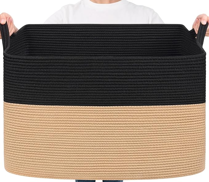 Goodpick 105L Extra Large Woven Blanket Basket Cotton Rope Storage Baskets for Organizing, Kids Toy Storage Organizer for Living Room Nursery, 25"x16"x16", Black & Jute