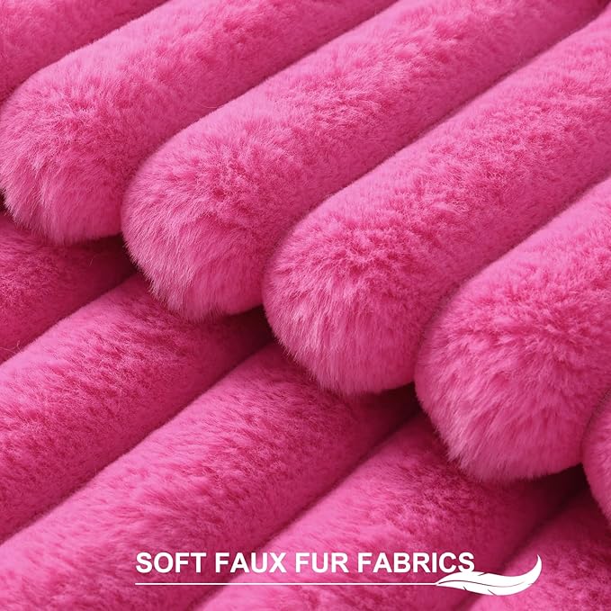 Pallene Faux Fur Plush Throw Pillow Covers 16x16 Set of 2, Luxury Soft Fluffy Striped Decorative Pillow Covers for Sofa, Couch, Living Room, Hot Pink