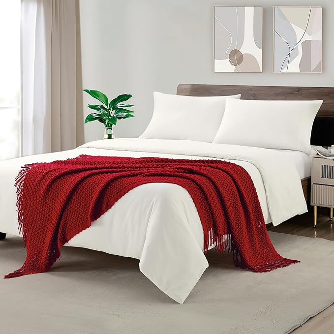 CREVENT Farmhouse Boho Knitted Throw Blanket for Couch Sofa Chair Bed Home Decoration, Soft Warm Cozy Light Weight for Spring Summer Fall (50''X60'' Christmas Red)
