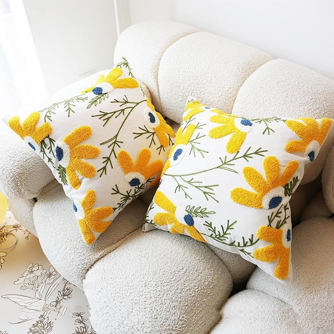 Embroidered Throw Pillow Cover Boho Beige Yellow 2PCS Pillow Covers for Couch Sofa Cotton Linen Daisy Floral Bohemian Pillow Covers 3D Big Flowers Botanical Pillowcase Covers 18x18 Inch