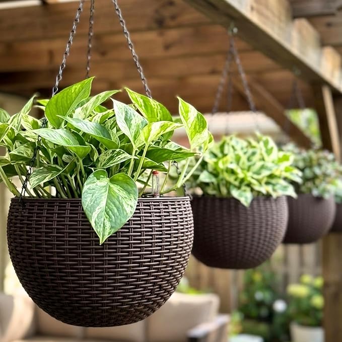 LaLaGreen Hanging Planters for Indoor Plants (11 Inch, 4 Pack) Brown Rattan Style Self-Watering Flower Pots with Water Level Indicator, Round Plastic Baskets with Metal Chain for Balcony, Porch Garden