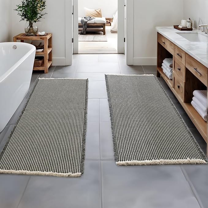 MIULEE Set of 2 Waffle Bathroom Runner Rugs, Boho Bath Rug Non Slip Washable, Super Absorbent Runner Bath Mats, Rubber Backed, Ideal for Hallway Laundry Room, Dark Grey & Yellow, 2'x5'(24x60 Inch)