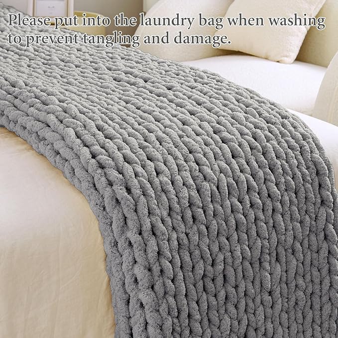 Admitrack Chunky Knit Blanket Throw, 100% Hand Knit Chenille Throw Blanket for Sofa & Home Decor, Soft and Cozy Knitted Throw Blankets (Dark Gray，51"x63")