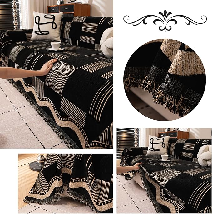ROOMLIFE Dark Coffee Sofa Cover, Vintage Boho Couch Cover for 3 Cushion Sofa, Non Slip Chenille Sofa Slipcovers for Dog, Washable Furniture Sofa Protector Cover with Tassel for Living Room, 71''X150”