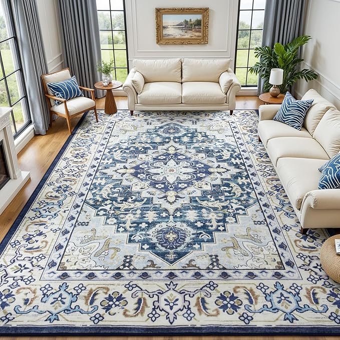 Lessymo 8 x 10 Area Rugs for Living Room, Machine Washable Area Rugs Boho Faux Wool Low Pile Area Rug for Bedroom, Floral Medallion Vintage Rugs with Non-Slip Rubber, Kid & Pet Friendly,Dark Blue
