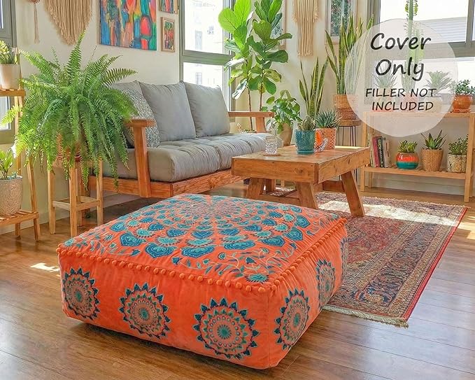 Mandala Life ART Orange Velvet Pouf Cover - Soft Sqare Floor Pillow - Embroidered Ottoman Slipcovern, 24x24x8 Inches, Ideal for Living Room, Bedroom, or Meditation Space - Boho Decor Cushion