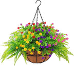 Artificial Fake Hanging Plants Flowers Basket for Outdoor Spring Summer Decorarion, UV Resistant Faux Rose Eucalyptus Boston Ferns Plants for Indoor Outside Garden Porch Patio Balcony Decor