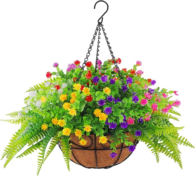 Artificial Fake Hanging Plants Flowers Basket for Outdoor Spring Summer Decorarion, UV Resistant Faux Rose Eucalyptus Boston Ferns Plants for Indoor Outside Garden Porch Patio Balcony Decor