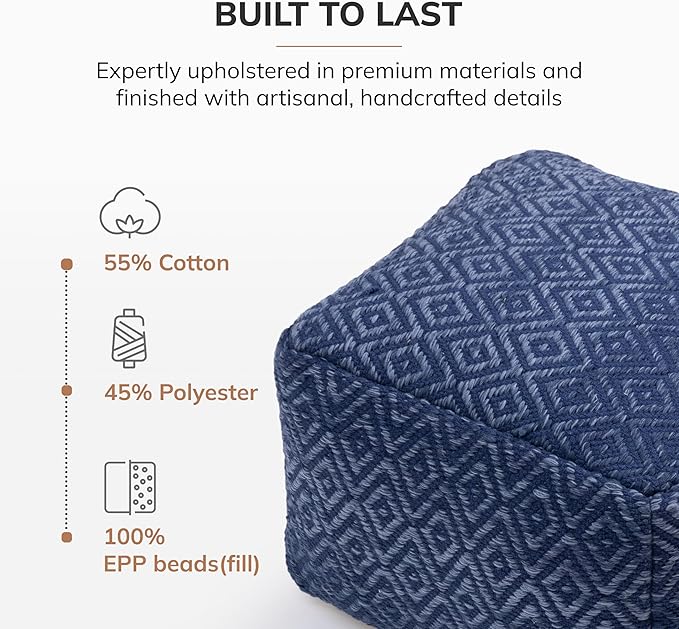 Anji Mountain Pouf Ottoman Foot Rest, Handmade Ottoman Pouf, Comfortable Foot Stool, Decorative Floor Seating for Living Room Decor, Bedroom & Home Décor Accent - Blue