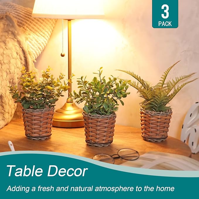 Small Fake Plants, 3 Pack Mini Potted Artificial Fern, Eucalyptus, Aglaia Odorata Plant in Rattan Pots, for Farmhouse, Home Decor, Office, Bathroom, Desk, Indoor & Outdoor