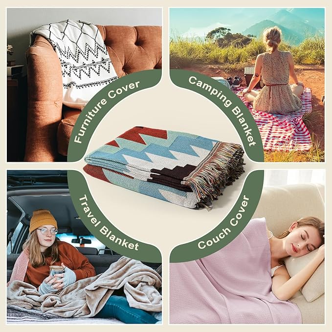 Snycler Boho Throw Blanket for Bed 50 * 60inch Woven Blanket Cotton Polyester Farmhouse Decor for Indoor Outdoor Sofa Bedroom Garden，All Season(Green)