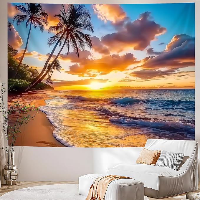 AOHMPT Ocean Sunset Tapestry, Beach Evening Sunset Tapestry, Natural Beach Palm Tree Landscape Poster, Seaside Landscape Wall Hanging for Bedroom, Dorm Room and Living Room Wall Decor 79" L x 59" W