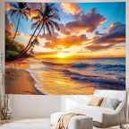 AOHMPT Ocean Sunset Tapestry, Beach Evening Sunset Tapestry, Natural Beach Palm Tree Landscape Poster, Seaside Landscape Wall Hanging for Bedroom, Dorm Room and Living Room Wall Decor 79" L x 59" W