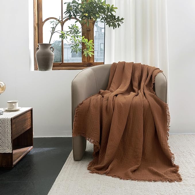 FOSSA Muslin Blanket with Fringe - 4-Layer 100% Cotton Gauze Super Soft & Breathable Throw -Lightweight Decorative Cooling Blanket for Bed, Sofa, Office (Dark Orange, Throw (60" × 50"))
