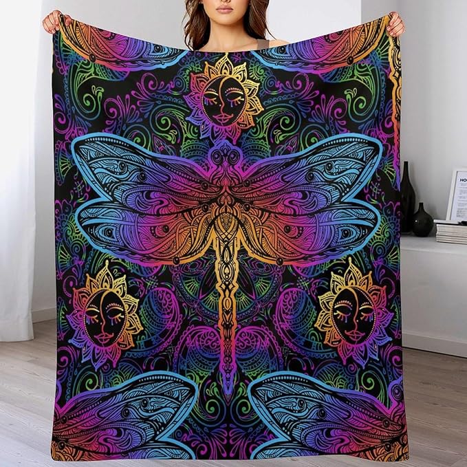Mandala Boho Throw Blanket Colorful Dragonfly Sun Bohemian Blanket for Sofa Bed Couch Chair Or Dorm 70"x80"