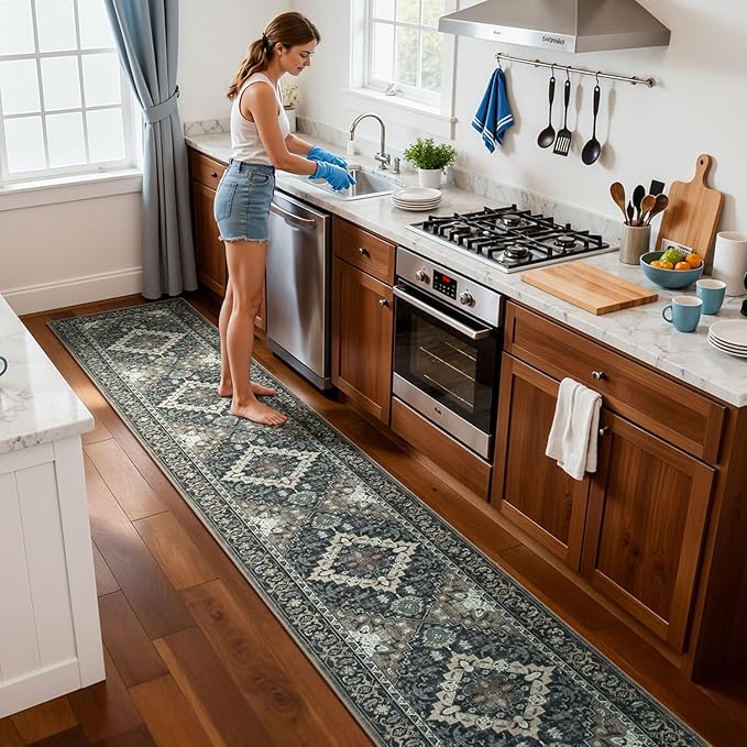 Lessymo Washable Long Runner Rug for Hallway, 2 x 10 Entryway Rugs Boho Faux Wool Low Pile Rug for Kitchen, Floral Medallion Vintage Rugs with Non-Slip Rubber, Black Brown
