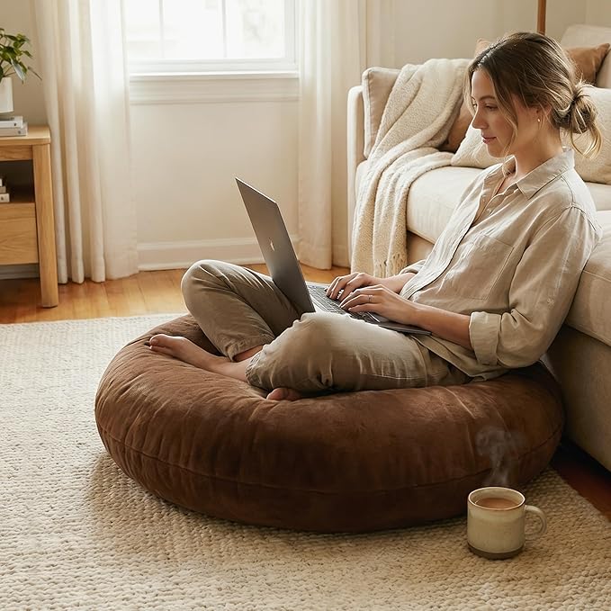 Codi Meditation Cushions Set of 2 – Large Round Floor Pillows for Adults with Removable Washable Cover, Soft and Supportive Floor Cushion for Yoga, Seating and Dog Bed, 32 inch - Coffee