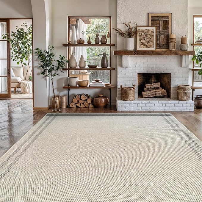 Easy Jute Rugs 10x14 Bordered Bone Color Living Room Indoor Outdoor Area Rug for Patio and Kitchen Rug High Traffic Washable Easy to Clean Solid Boho Woven Design Outside Carpet (10 x 14)