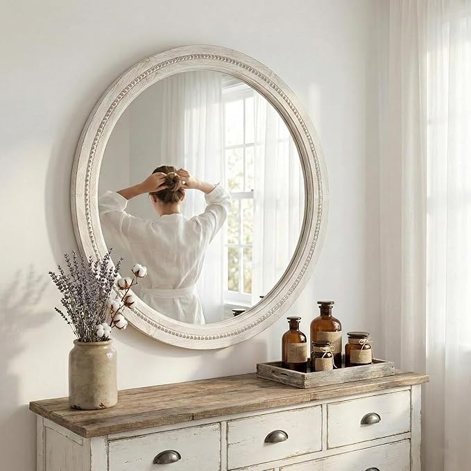 30" White Round Wood Mirror for Bathroom Vanity, Distressed Solid Wood Wall Mirror - French Country Beaded Circle Mirror for Coastal Bedroom & Nursery