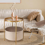 danpinera Round Side Table with Fabric Storage Basket, Pack of 2, Metal Side Table Small Bedside Table Nightstand with Removable Tray Top for Living Room, Bedroom, Nursery, Laundry, Gold