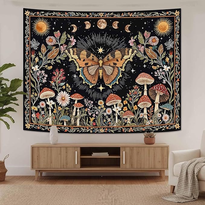Accnicc Boho Butterfly Tapestry Mushroom Sun and Moon Hippie Wall Tapestry for Bedroom Aesthetic Vintage Floral Plant Small Tapestries Wall Hanging for Dorm Living Room Decor 48 x 36 Inch